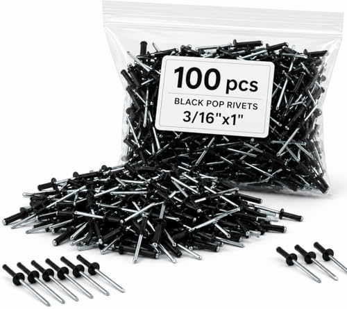 Image of 100PCS Aluminum Pop Rivets 3 /16 x 1'' Black - Assortment Kit Black Aluminum Rivets Closed End with Big Head for DIY & Industrial Use