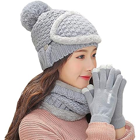 4PCS Womens Winter Warm Outdoor Set Girls Knitted Mask Gloves Circle Scarf Hat with Fleece Lining (Grey) Cover