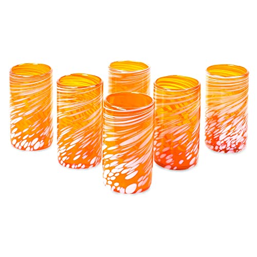 Novica Handmade Festive Orange - Orange Hand Blown Glasses Set Of 6, Tumbler Highball Glasses, 16 Oz Premium Drinkware, Glassware, Ideal Gifts For - Men, Women, Birthday, Wedding, Anniversary #TOP10