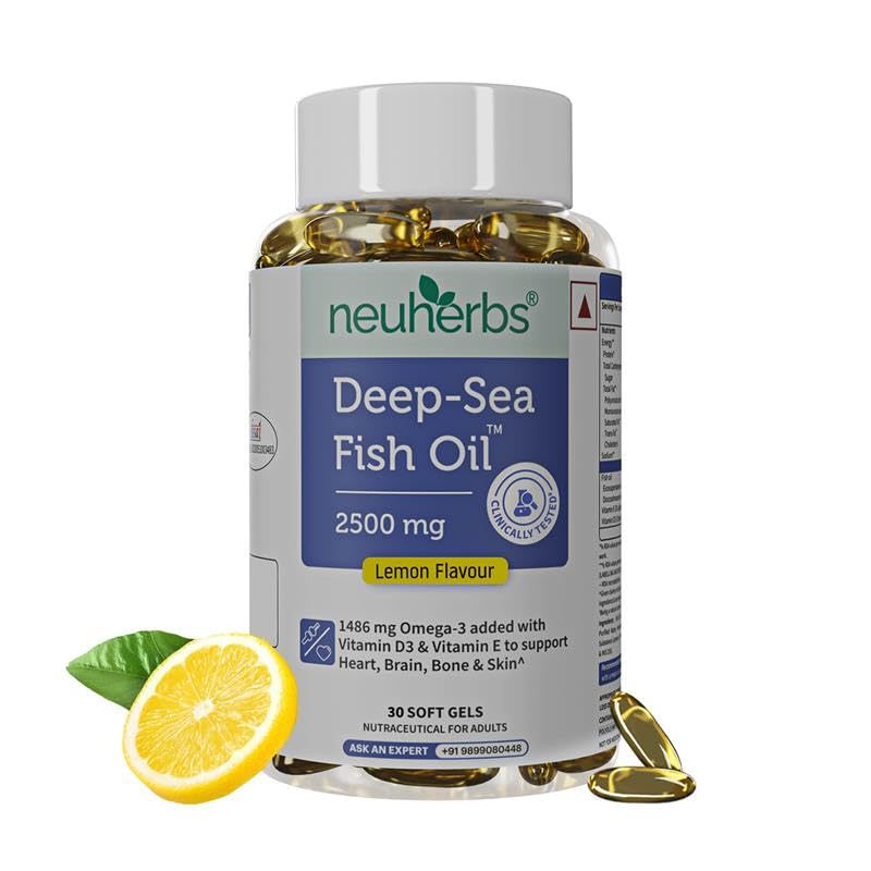 Neuherbs Deep Sea Omega 3 Fish Oil 30 Softgels, Omega 3 Supplement Triple Strength 2500 Mg for Muscle, Joints, Heart & Cognitive Support, No Fishy Burps with Lemon Flavour, 1 count, 30 capsules