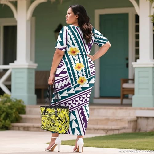 Image of Polynesian Dress for Women Short Sleeve High Waist Maxi Skirt | Puletasi dress, t-shirt and skirt two-piece, elastic material, lightweight, soft, plus size, luau party, wedding, clubwear