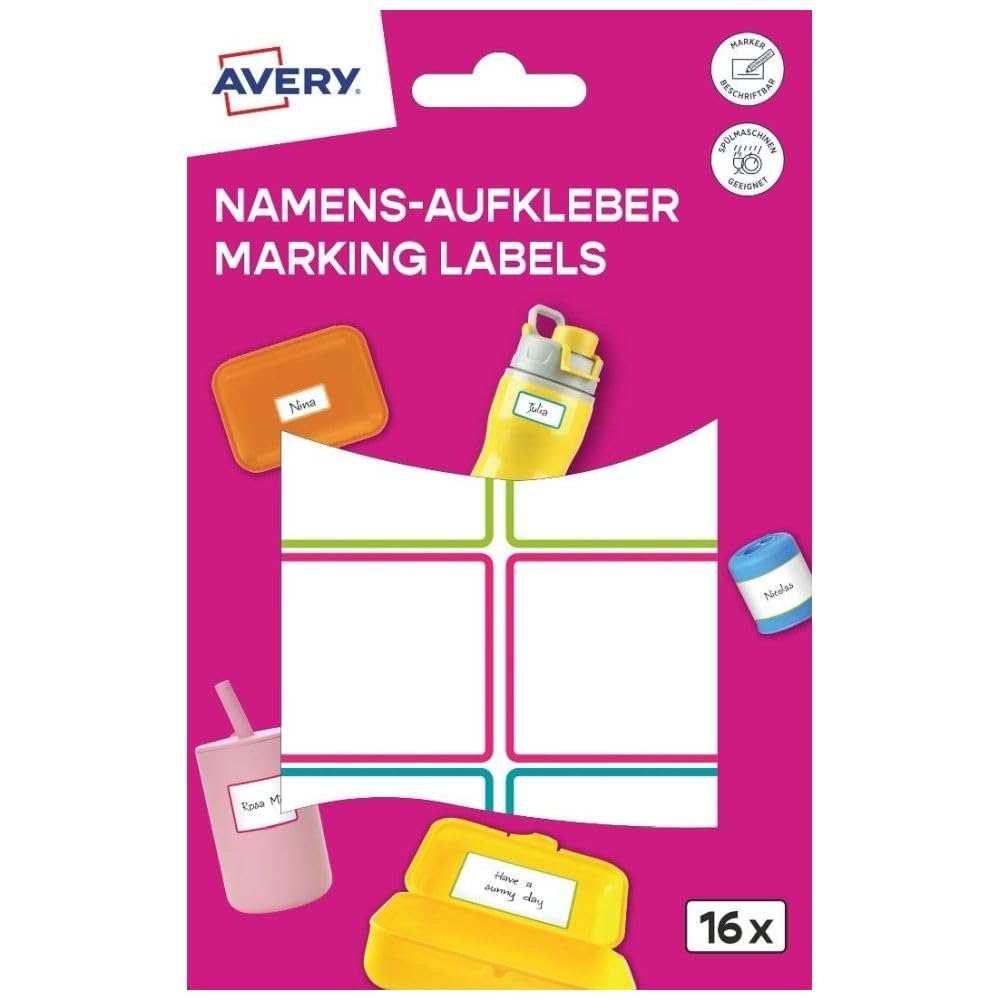 Avery Zweckform NAME16C Children's Name Stickers, Waterproof, Pack of 16 (35 x 36 mm, Foil, Self-Adhesive Name Labels, Writable Name Tags, Dishwasher Safe, for School, Nursery) Colourful