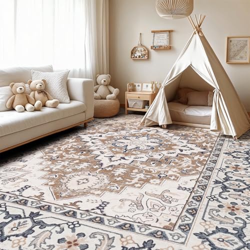 Lofus 8x10 Area Rugs for Living Room, Washable Area Rug, Rugs for Bedroom, Kitchen, Vintage Boho Carpet, Soft Non-Slip, Low Pile Large Area Rug for Office Dining Room, Floral Brown