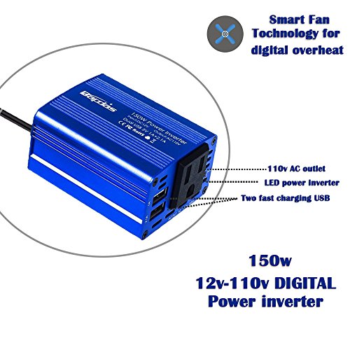 Bapdas 150W Car Power Inverter DC 12V to 110V AC Car Converter with 3.1A Dual USB Car Adapter-Blue