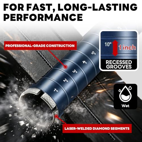 Image of 1 inch Core Drill Bit with Etched Depth Scale - Industrial for Reinforced Concrete, Brick Block, Masonry,1-1 /4 inch-7 UNC,14 inch Drilling Depth, Precision-Welded & Aggressive Sharp 12mm Segments, Wet