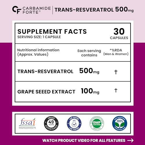 Image of Carbamide Forte Resveratrol Supplement 500mg with Grape Seed Extract | Trans Resveratrol 500mg | Grape Seed Extract Capsules with Highly Bioavailable | Antioxidant Support for Healthy Aging | Heart, Immune & Skin Support | 30 Veg Capsules