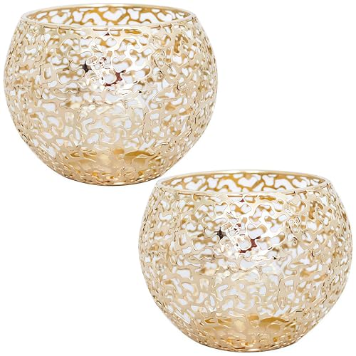 Metal Cut-Out Tealight Candle Holders Set of 2 – Geometric Lanterns for Table Centerpiece & Bathroom Spa – Shatterproof Holiday Decor, Winter Wedding (Gold*2)