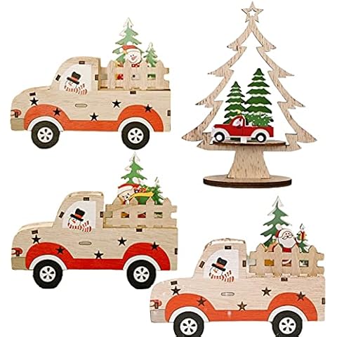 Tiuxiu 4 Pieces of Christmas Wooden Ornaments Mini Wooden Desktop Christmas Tree DIY Christmas Tree Old Man Snowman Car Suitable Cover