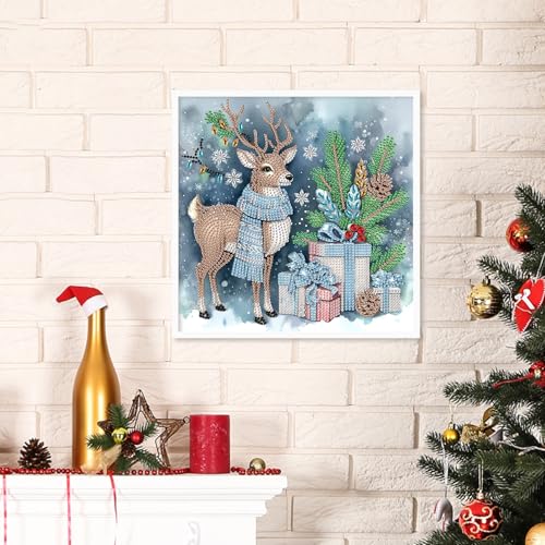 Image of Elk Deer Christmas Diamond Art Painting Kits for Adults, 5D Special Shape Diamond Art Kits for Beginners, Crystal Rhinestones Diamond Painting for Home Wall Christmas Decoration Gift 11.8x11.8 inch