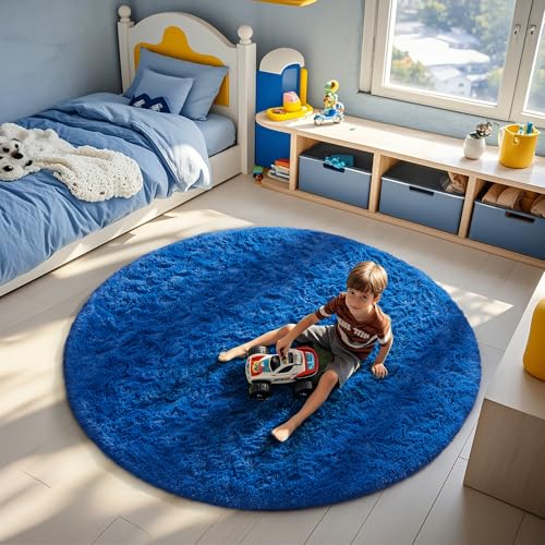 image for Ophanie Round Rug 6Ft Blue Circle Area Rug, Boys Room Decor, Fluffy Fu