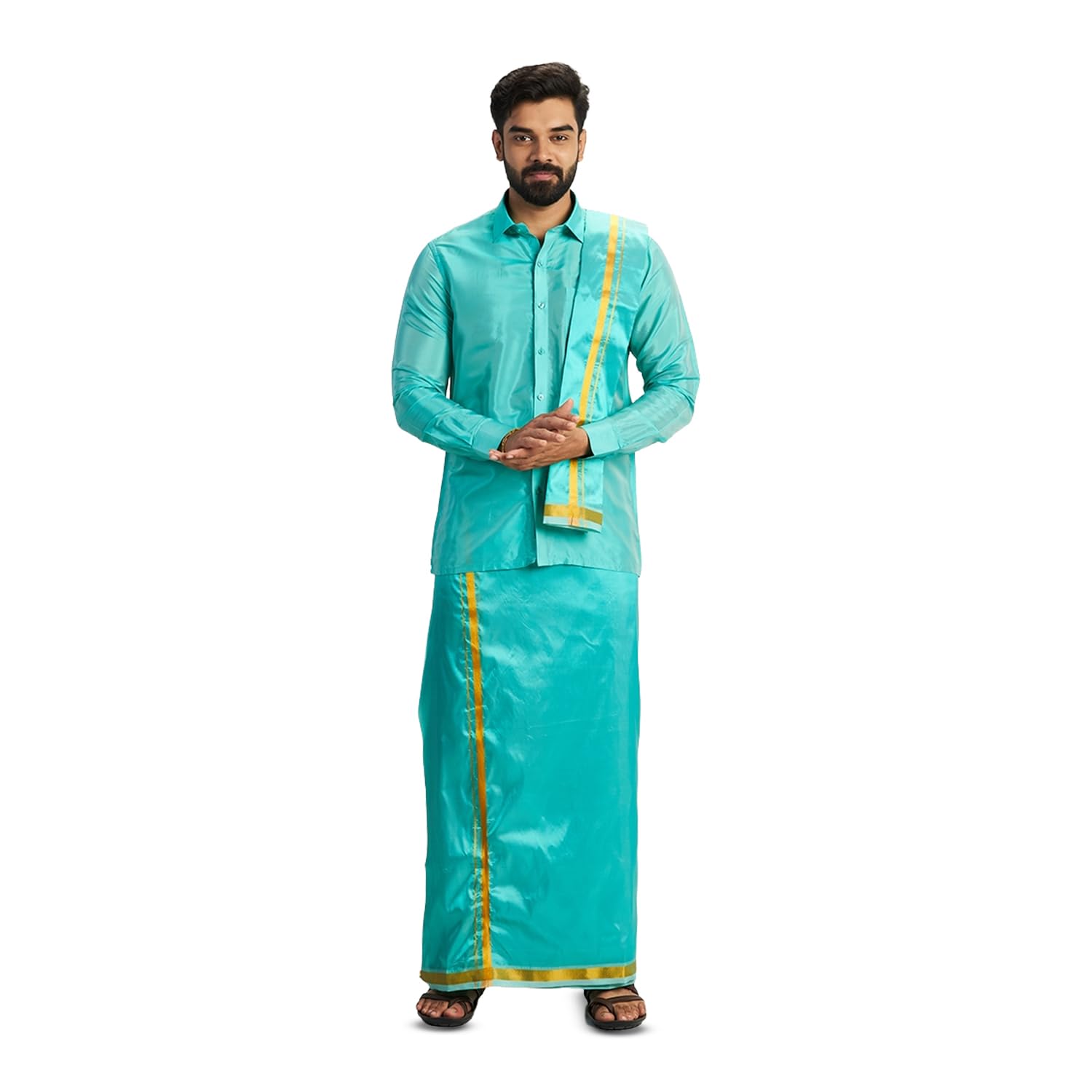uathayam Vriksham Matching Full Sleeve Shirt with Double Layered Dhoti & Towal | 3-in-1 Premium Art Silk & Cotton Blend Traditional Wedding Set for Men (Pack of 1)-picture-31