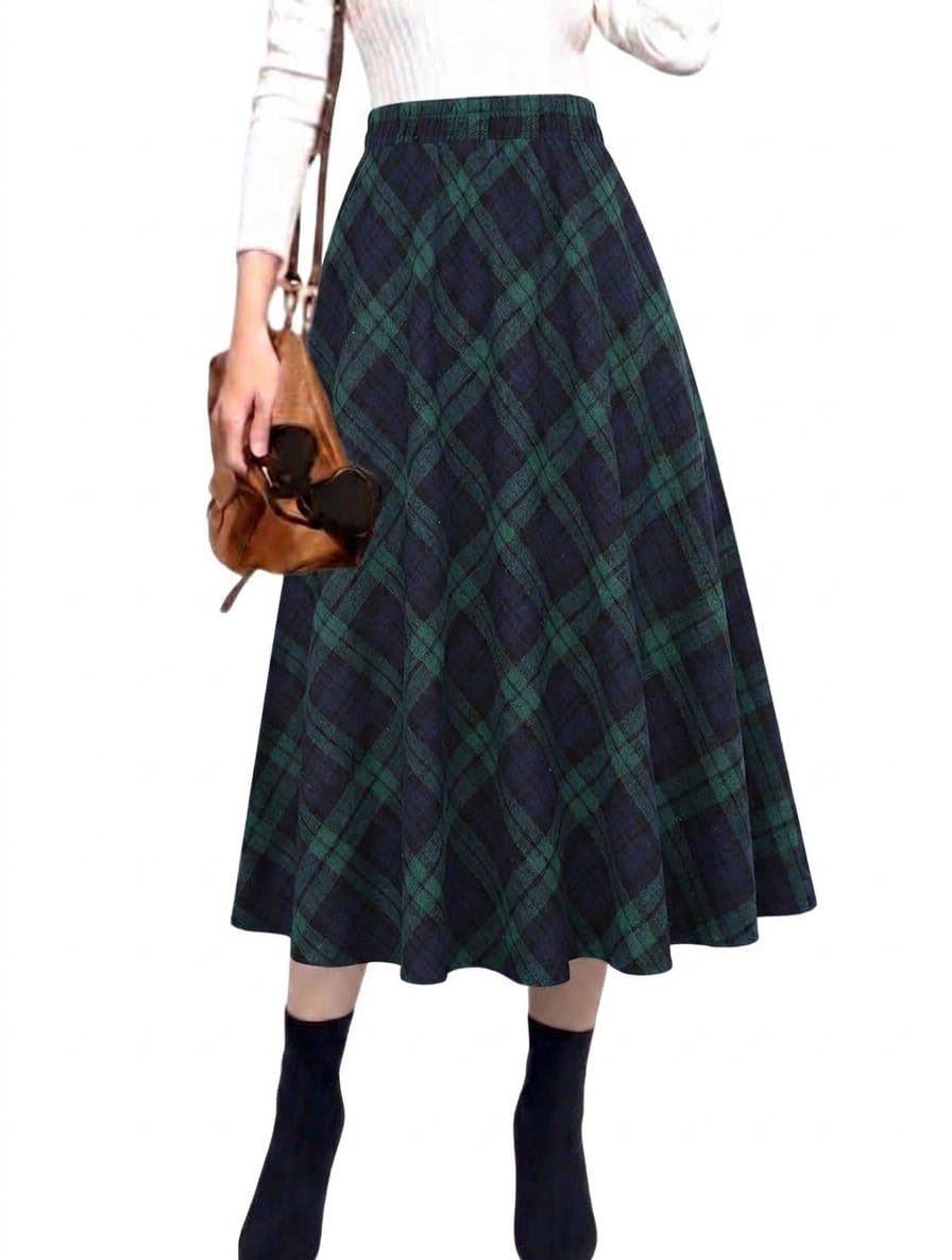 IDEALSANXUN Damen-Rock, kariert, elastische Taille, A-Linie, Midi-Faltenrock
