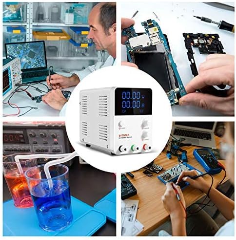 Collage of various applications for the Eventek KBS DC Power Supply, including circuit testing, electroplating, and device repair
