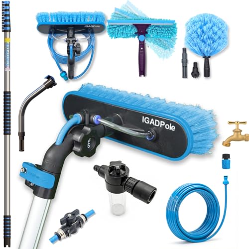 IGADPole 28 FT Water-Fed Washing Kit with Soap-Dispenser, Brush, 10″ Squeegee & Cobweb Duster for Windows, Gutters, Solar Panels & Exterior Walls