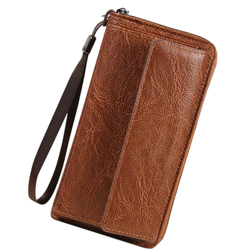 YUEcthynous Cartera larga para hombre, piel sintética de poliuretano, con cremallera, protección RFID, para teléfono móvil, tarjetero, bolso de mano para hombre, con correa de mano, monedero de piel