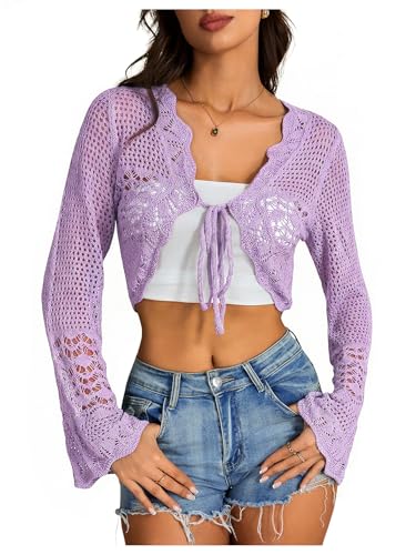 Image of OYOANGLE Women's Crochet Tie Front Sweater Cardigans Bell Sleeve Knitted Cropped Bolero Shrug Cardigan