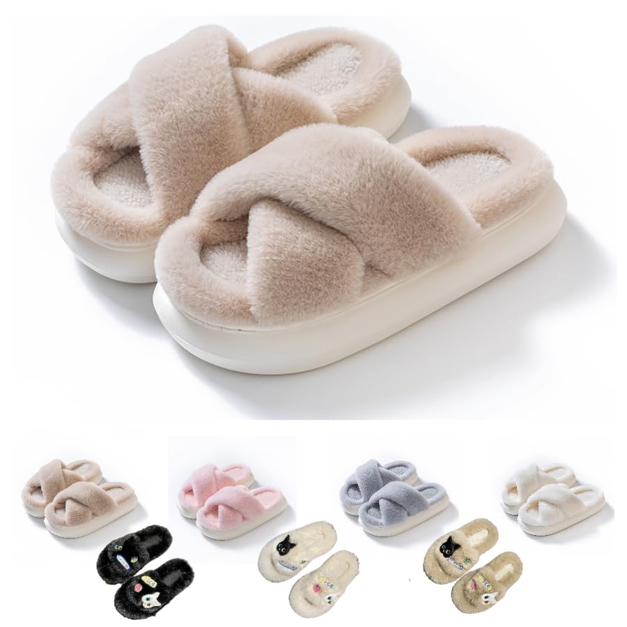 Cat Face Slippers for Women Soft Plush Fuzzy Kawaii Women's Slippers Ultra Comfy Cute House Shoes Open Toe Indoor Outdoor Soft Thick Sole