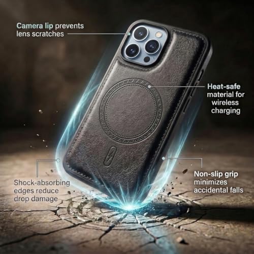 Image of amazon basics Premium PU Leather Case for iPhone 13 Pro, MagSafe Compatible Magnetic Ring, Sleek Protective Back Cover - [Black]