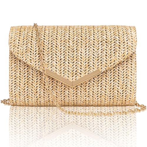 Larcenciel Stroh Clutch, Sommer Strand Damenhandtasche mit Abnehmbarer Kette, Elegante Umschlag Abendtasche, Boho Geflochtene Tasche, Lässige Gewebte Umhängetasche für Hochzeit Party Urlaub 20x13x6CM