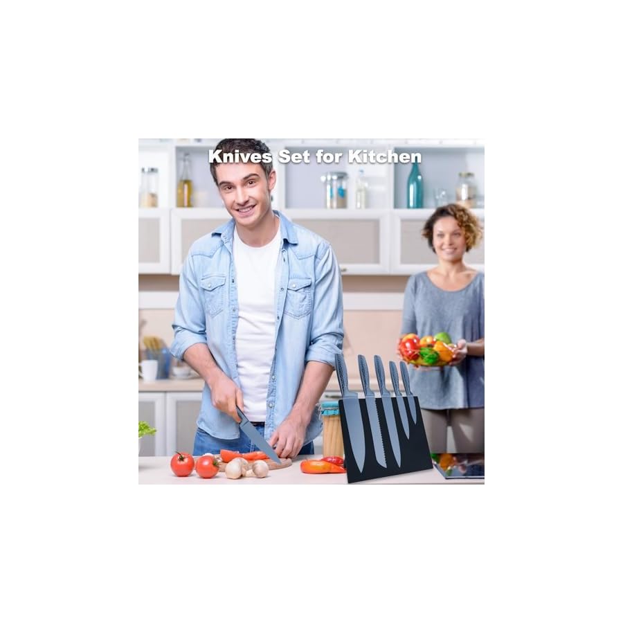 Kitchen Knife Set, 6-Pieces Blue Titanium Coated Knife Block Set with Wood Magnetic Knife Block, Non-stick & Non-slip Stainless Steel Sharp Chef Knife Set, Knives Set for Home Kitchen (Blue)