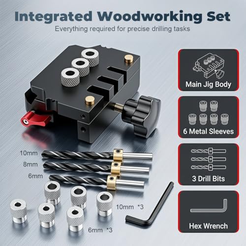 Image of Serplex Self-Centering Dowel Jig Kit, 3-Hole Precision Woodworking Drill Locator with Adjustable Aluminum Alloy Clamp, Drill Guide with Bushings, Brad Point Drill Bits and Depth Stop Collars