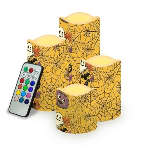 Image of Spider Web Flameless Battery Operated Lamp with Remote | LED Flickering Battery Operated Color Changing Electric Pillar Candles for Living Room Halloween Home Decor, 4 Pack