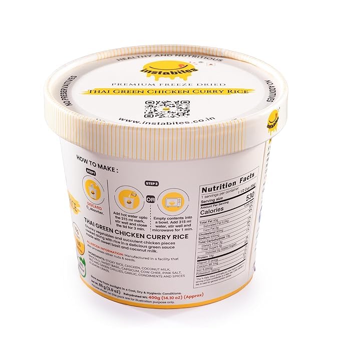 Image of Instabites Ready to Eat Thai Green Chicken Curry Rice Cup 65g, No Added Preservatives and Ready to Eat in Minutes - Pack of 3