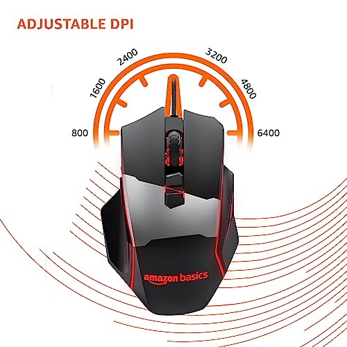 Image of AmazonBasics USB Wired Blue Track and Blue Sensor, Ergonomic Gaming Mouse with 7 Programmable Keys | 6400 DPI