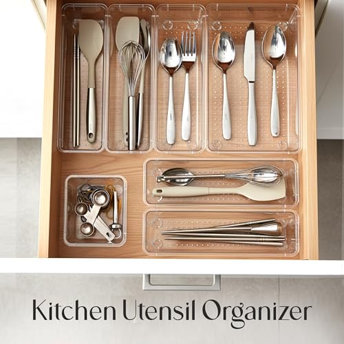 KICHLY 25 Pack Clear Plastic Desk Supplies Organizer, 4 Sizes Desk Drawer Organizer for Office Supplies, Vanity Organizers, Makeup, Gadgets, & Jewelry Storage Bins image 3