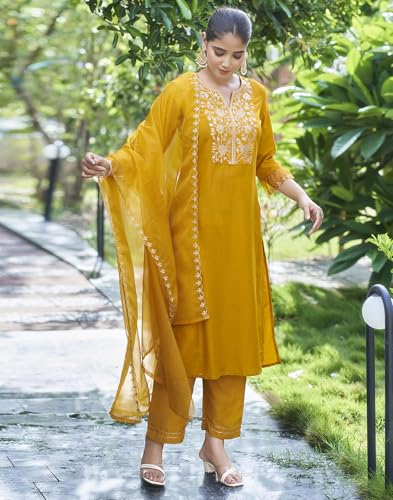 Image of SKYLEE Silk Blend Embroidery Straight Kurta Set with Dupatta