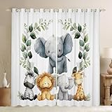 Homewish Elefant Gardinen 260x140(HxB) Wildtierjagd Fenstervorhang Teenager Grau Süß Tierkindergarten Vorhänge für Kinder Erwachsene,Cartoon Zebra Lion Giraffe 2 paneele Fensterbekleidung