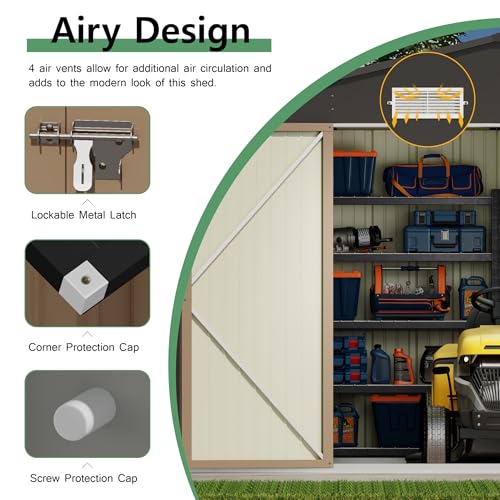Image of Devoko 10x12 FT Outdoor Storage Shed, Large Metal Storage Sheds with Lockable Door, Utility Garden Tool Shed with Sloping Roof, Outside Steel Storage Sheds for Patio Lawn Backyard, Brown