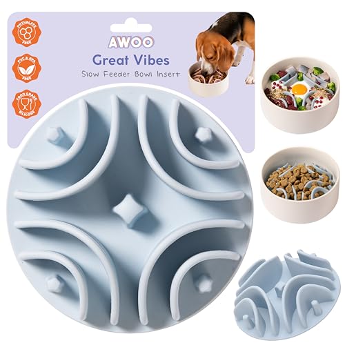 Awoo Great Vibes - Silicone Slow Feeder for Dog Bowls Over 5.5 Inches - Non-Slip Wet and Dry Food-Compatible Pet Dish with Suction Cups - Extends Mealtime for Fast Eaters - Dishwasher Safe (Sky)