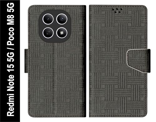 Image of SBMS Flip Cover for Redmi Note 15 5G Poco M8 5G Back Cover Case with Magnatic Closure | Genuine Leather Finish | Inbuilt Stand | Card & Money Pocket | Wallet Style Flip Back Case Cover (Mat Black)