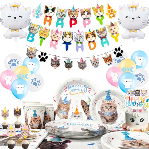 Fournitures de Fête d'Anniversaire de Chat,Anniversaire Chat Decoration & Vaisselle Set-Ballon Chat Anniversaire Bannière & Assiettes Anniversaire Chat Nappe etc Décoration de Fête à Thème Chat