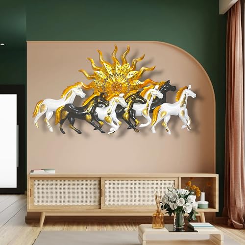 Image of iHandikart 7 Horses Metal Wall Art (Multicolor, Large Size,37x20 Inch) - Running Horses Vastu Wall Decor for Living Room, Modern Metal Wall Hanging Decoration for Home, Office & Entrance
