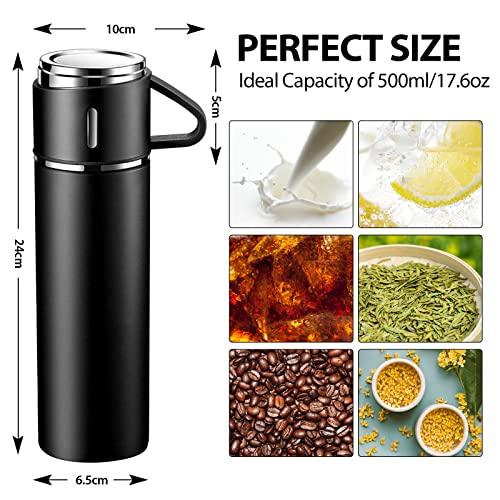 Thermosflasche, Trinkflasche Edelstahl HäLt 10 Stunden Heiß und Kalt, Isolierflasche 500Ml mit Auslaufsicher Deckel und Griff, Thermoskanne für Unterwegs, Arbeit, Schule, Kinder, Baby, Schwarz