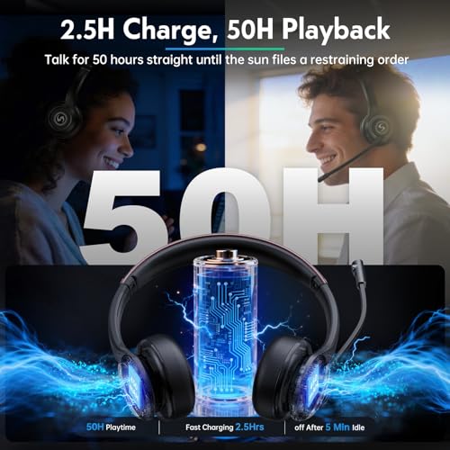Image of Wireless Headset with Mic for Work, Dual-Mode Headphones 50H Talk
