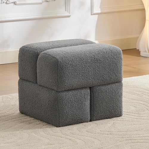 Modular Boucle Ottoman, Upholstered Cube Footstool, Soft Sherpa Fabric, Stackable Accent Ottoman Pack 1 Grey