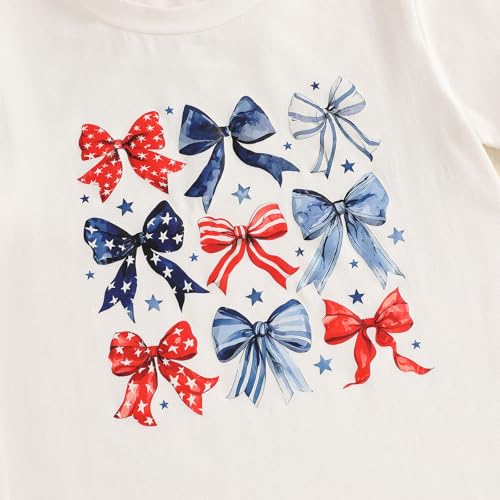 Kids Toddler Little Girls 4th of July T-Shirt Coquette Red White & Blue Patriotic Bows Retro American Flag Top4