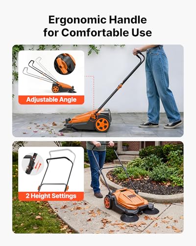 Image of VEVOR Walk-Behind Hand Push Floor Sweeper, Manual Floor Sweeper Non-Electric with 25.6 inch Sweeping Width, 5 Gallons Waste Container & Adjustable Folding Handle for Yards Walkways Patios Garages - Orange