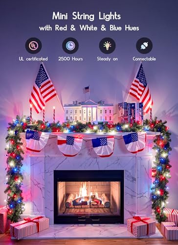 Image of Minetom Red White Blue Christmas Lights Green Wire - 100 Count 4th July Decoration Patriotic Mini String Lights Waterproof for Indoor Outdoor Xmas Holiday Party Patio Independence Day Decoration