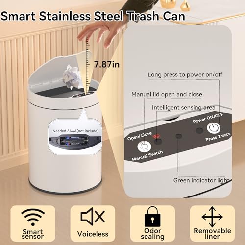 Image of Bathroom Trash Can with Lid 2.6 Gallon Stainless Steel TrashCans Automatic Bathroom Garbage Can for Bedroom, Kitchen, Office