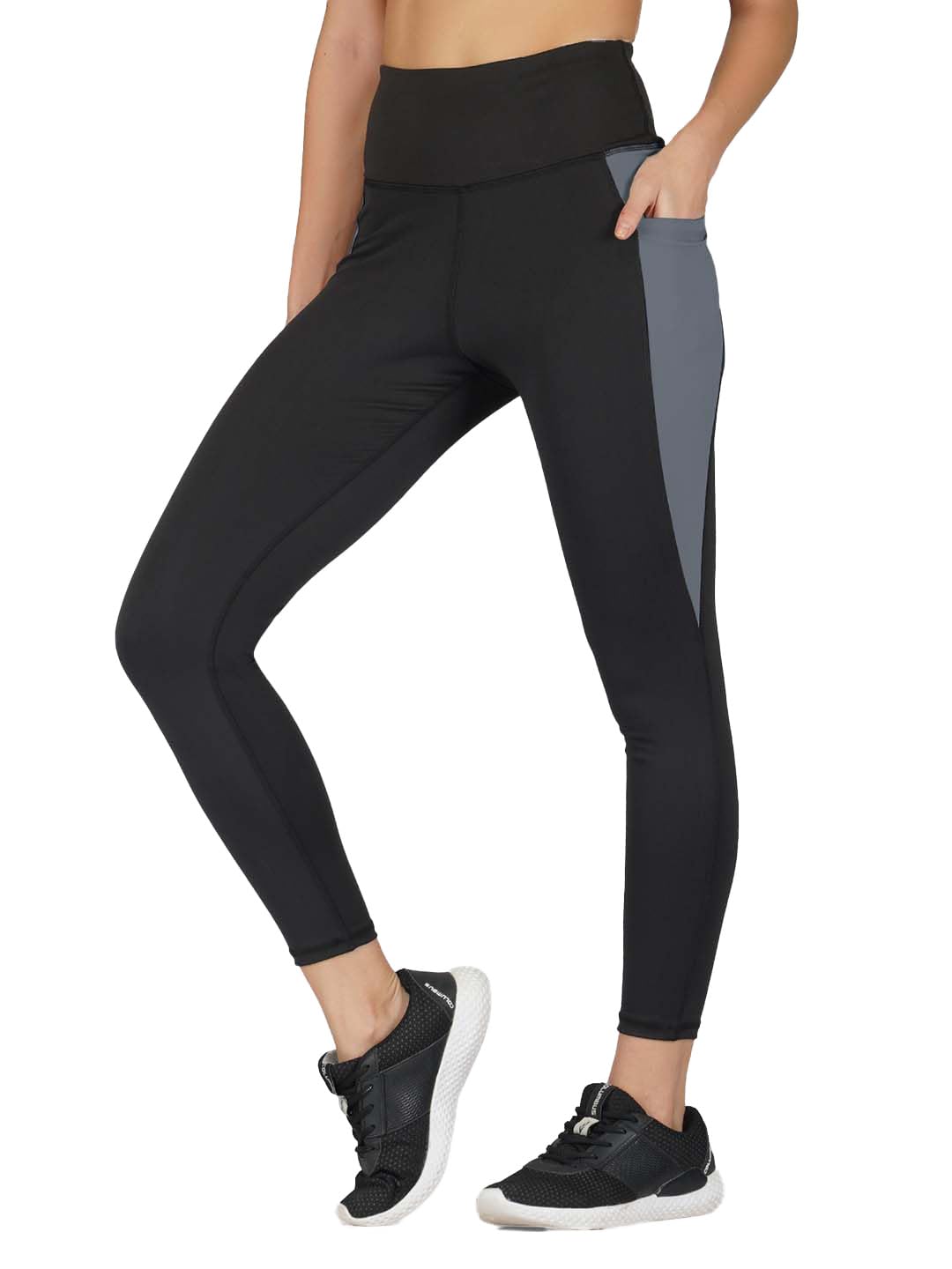 Imperative Women Quick Dry Gym Yoga Workout Sports Tights with Pocket | Outdoor Running Slim Fit Pants for Women |Leggings for Women (Black Grey)-picture-43