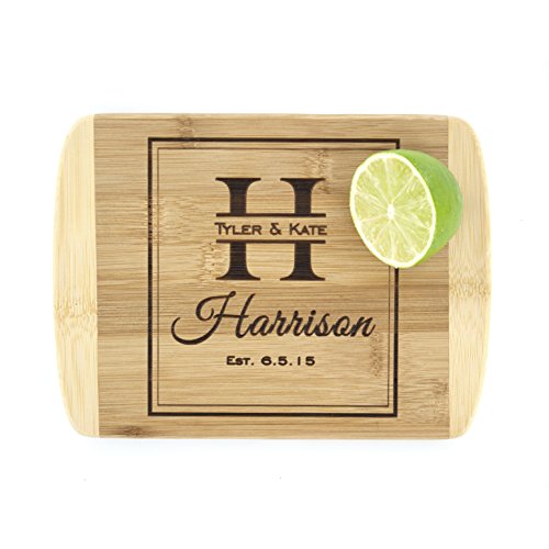 Personalized Gifts Couples Cutting Board (Harrison Design) - Wood Cutting Board for Bridal Shower, Housewarming, Wedding Gift (6 x 8 Two Tone Bamboo with Curved Edges) | Mothers Day Gift for Mom