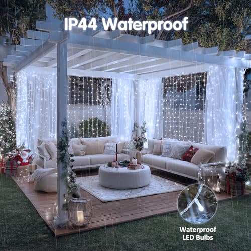 Image of JMEXSUSS 200 LED White Curtain Lights, USB Powered, 6.5ft x 6.5ft | White Christmas Lights with Remote, 8 Modes Hanging String Lights for Bedroom Wall Wedding Party Backdrop Window Decor