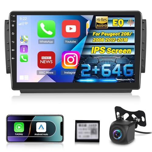 2G+64G Android Radio de Coche para Peugeot 208/2008 2012-2018 con Carplay Inalámbrico y Android Auto, Radio Pantalla 10 Pulgadas 2 DIN con GPS/WiFi/Bluetooth/EQ/Radio FM RDS