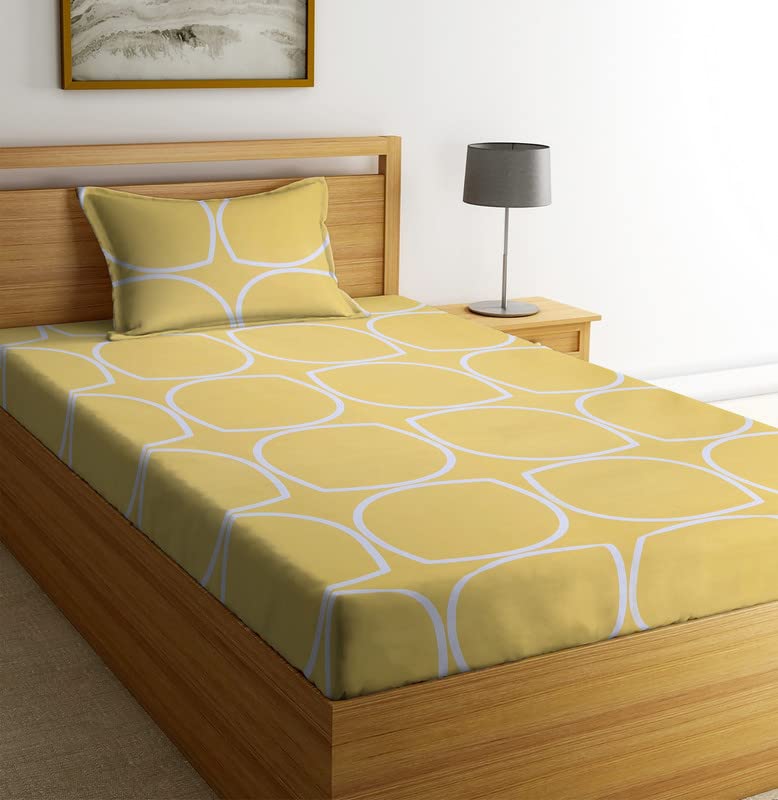 Image of NHD HOME Premium Glace Cotton 180 TC Flat Single Bedsheets for Summer Breathable | Wrinklefree (Size-60 X 90 Inch) with 1 Pillow Covers (Size-17 X 27 Inches, White & Yellow)