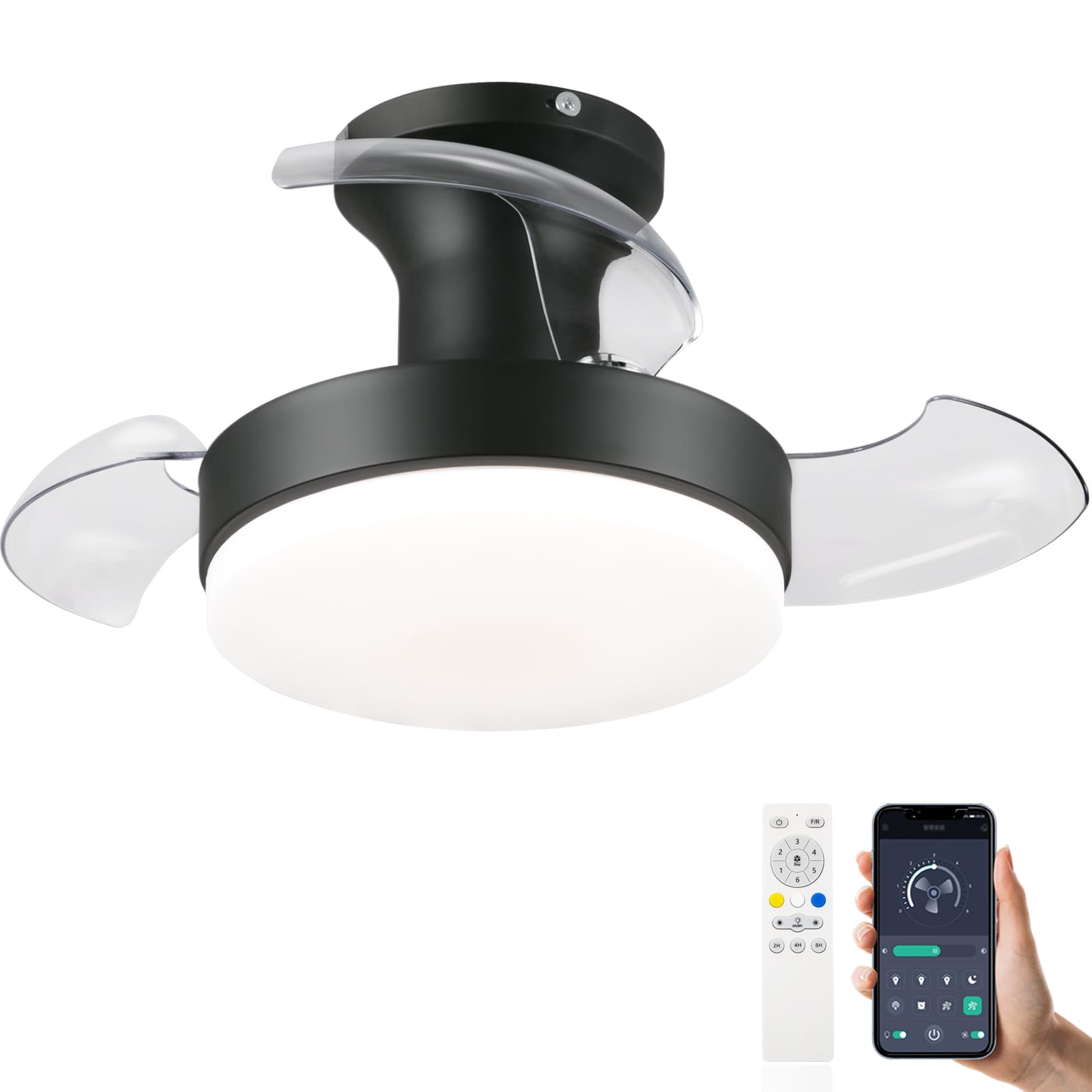 Small Ceiling Lamp Fan Retractable Blades, Ceiling Fan with LED Light Folding Blades Quiet, Adjustable 6 Vel DC Motor Ceiling Fan Retractable Ceiling Bedroom Small Room