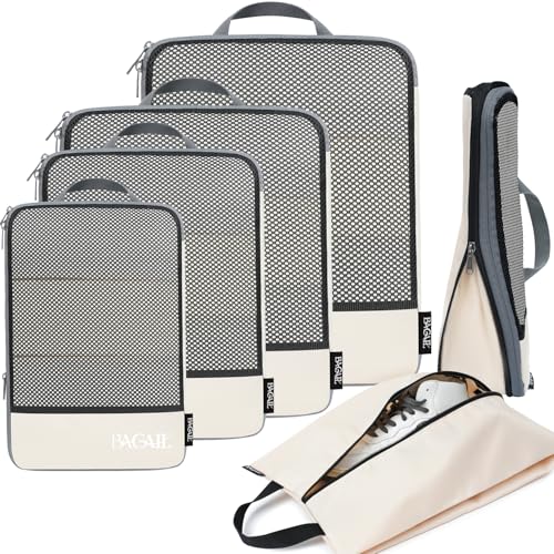 BAGAIL 4 Set/6 Set/8 Set Compression Packing Cubes Travel Accessories Expandable Packing Organizers (Half Mesh, 6-Beige)